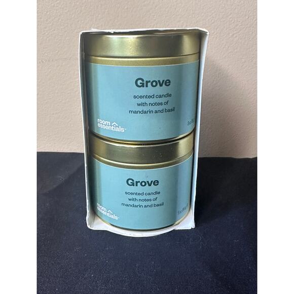 Room Essentials 2pk 3oz Tin Gift Set Grove Scented Soy Wax Blend Jar Candles New - Picture 2 of 6